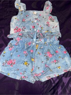 Rare Editions Blue Floral Denim-Look Girls' Short Set